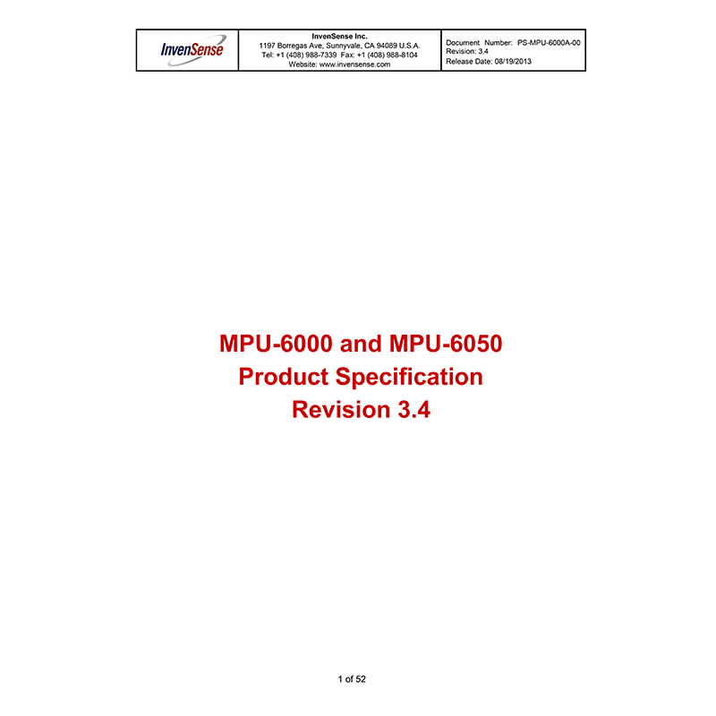 InvenSense MPU-6050 MotionTracking Sensor Data Sheet