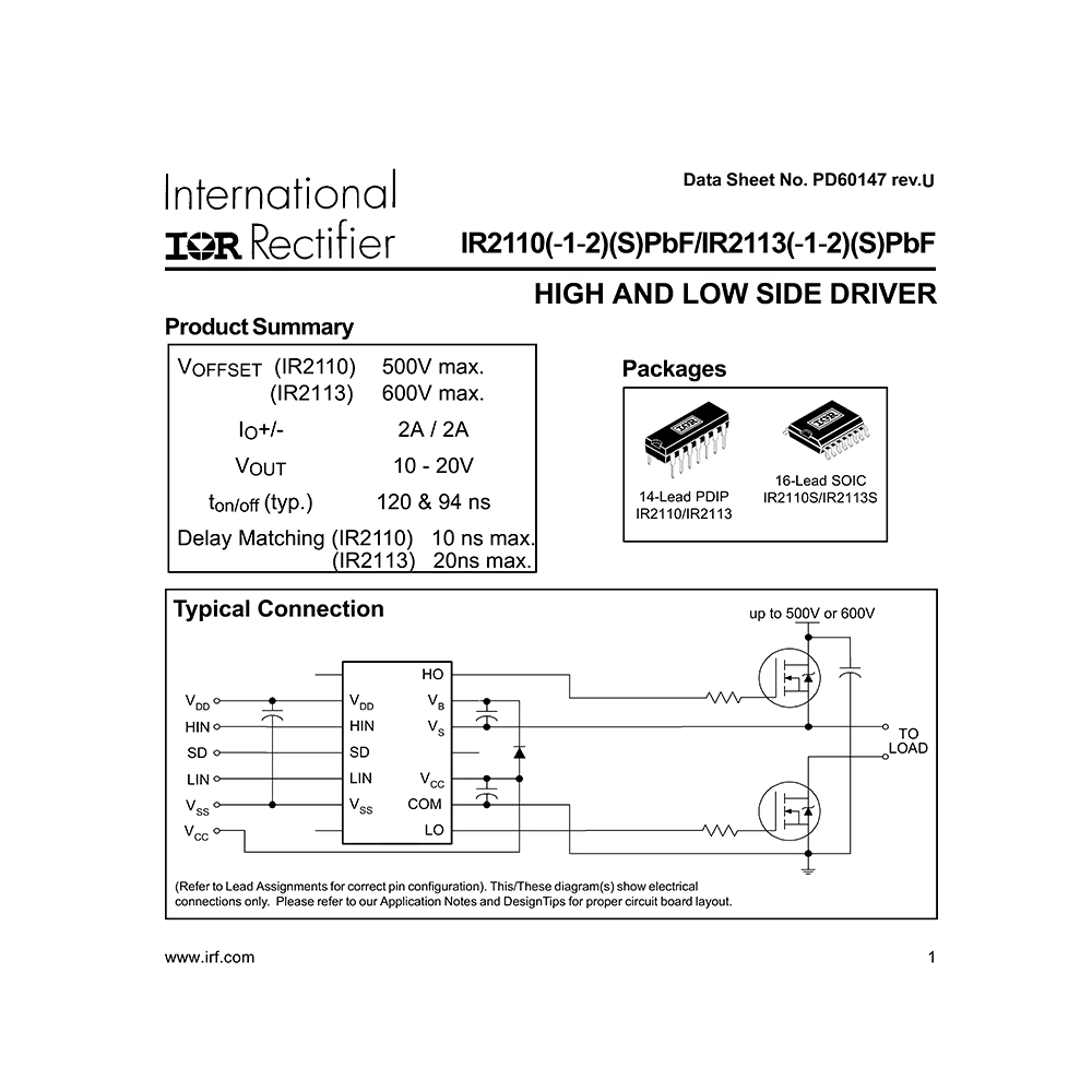 2 Pezzi IR2113-1PBF DIP-14 – Driver Alto E Basso Lato, Nuovi