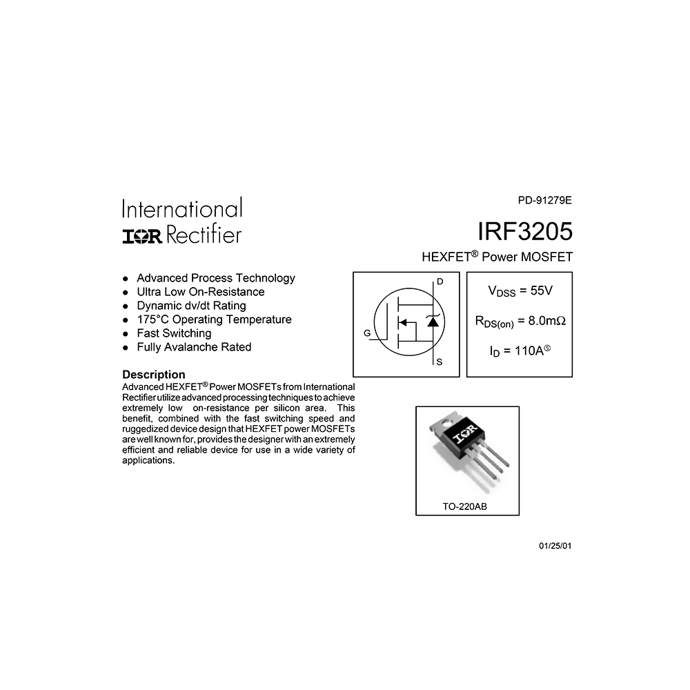 IRF3205 International Rectifier HEXFET Power MOS Field Effect Transistor Data Sheet