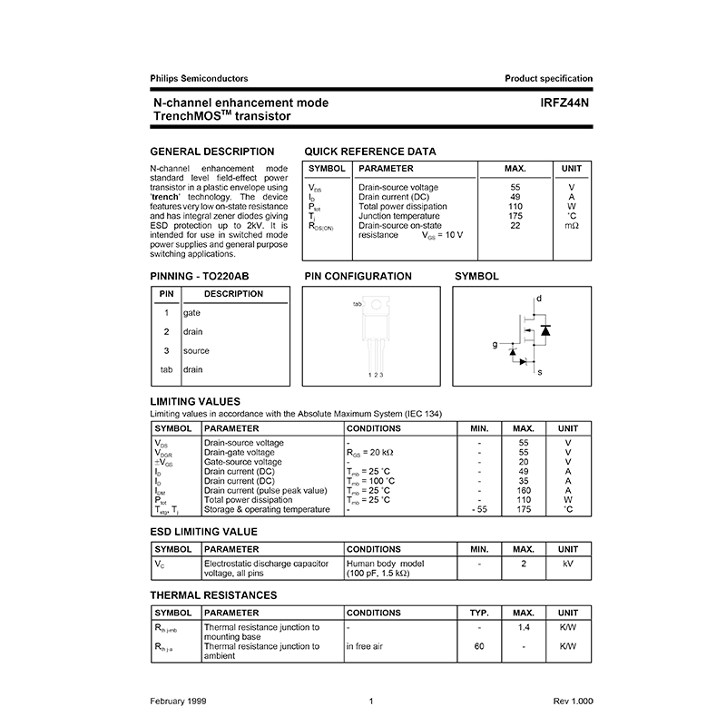 IRFZ44N Philips 55V 49A N-Channel Enhancement Mode TrenchMOS Transistor Data Sheet