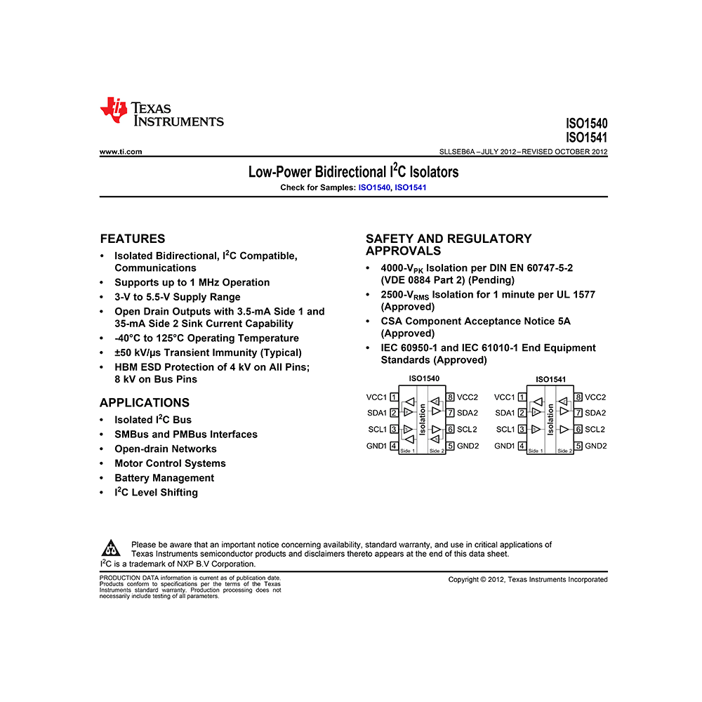 ISO1540 TI Low-Power Bidirectional I2C Isolator Data Sheet