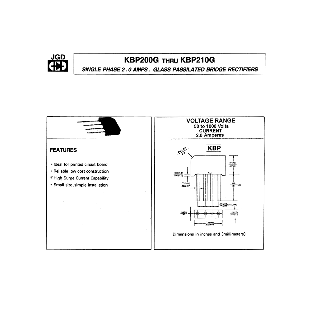 KBP200G JGD 2A 50V Bridge Rectifier Data Sheet