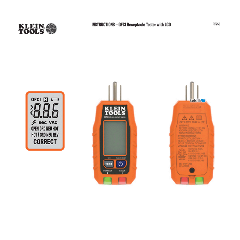 Klein Tools RT250 GFCI Outlet Tester Instruction Manual
