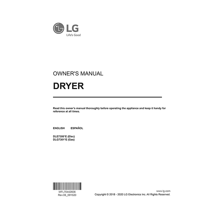 DLG7301WE / DLG7301VE LG Top Load Gas Dryer User Manual