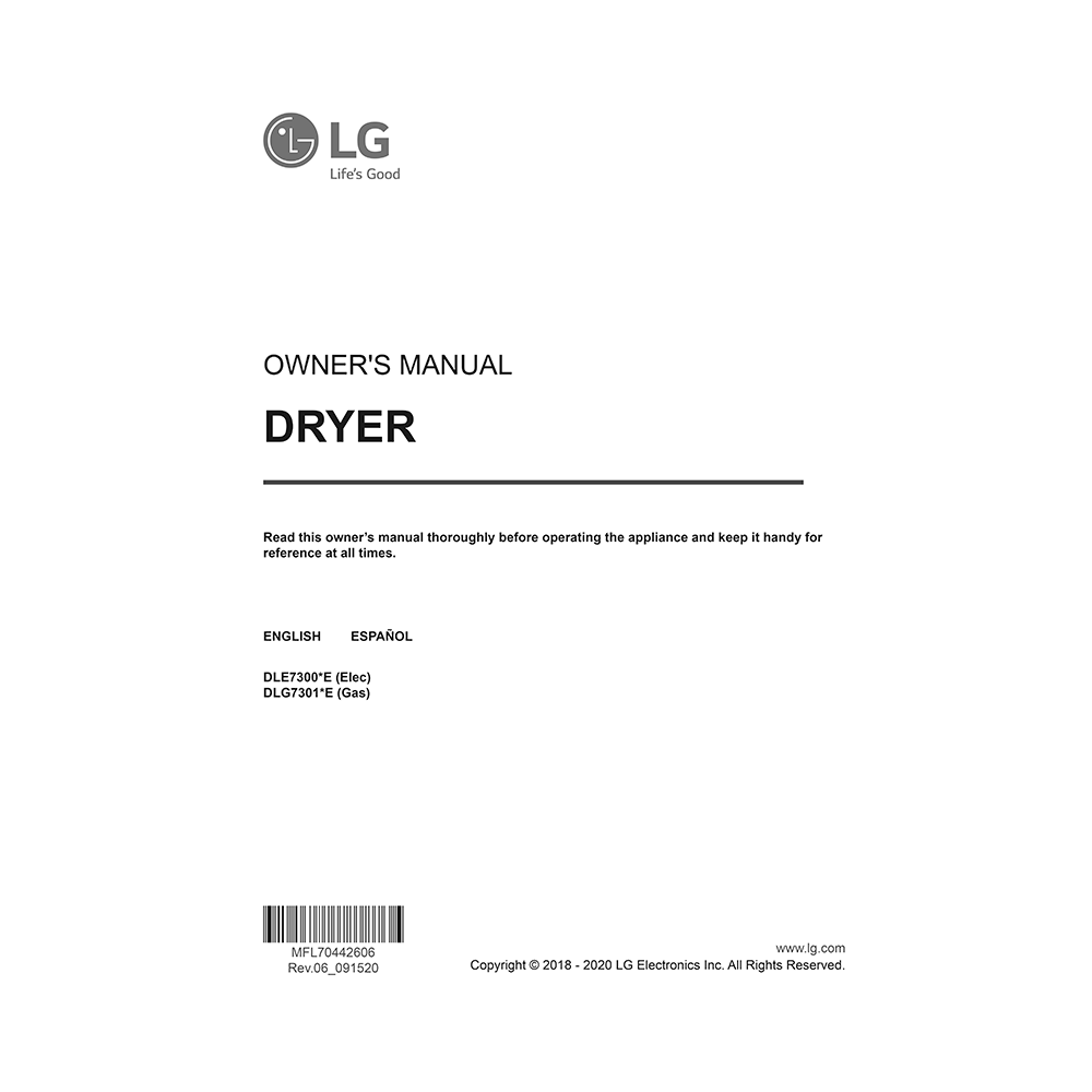 LG DLG7301WE DLG7301VE Rear Control Top Load Dryer Owner's Manual