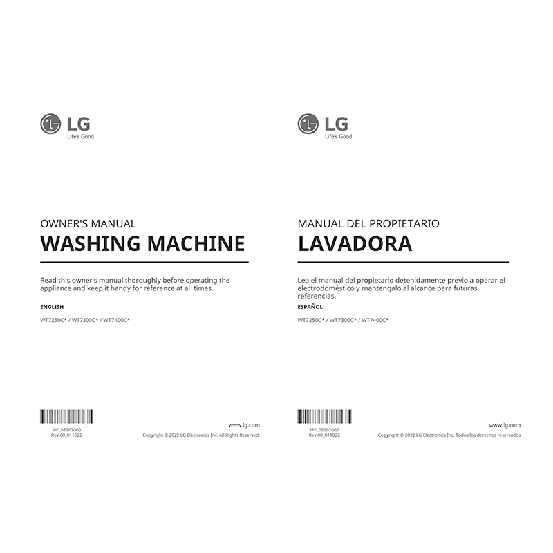 LG WT7300CW WT7300CV Top Load Washer Owner's Manual