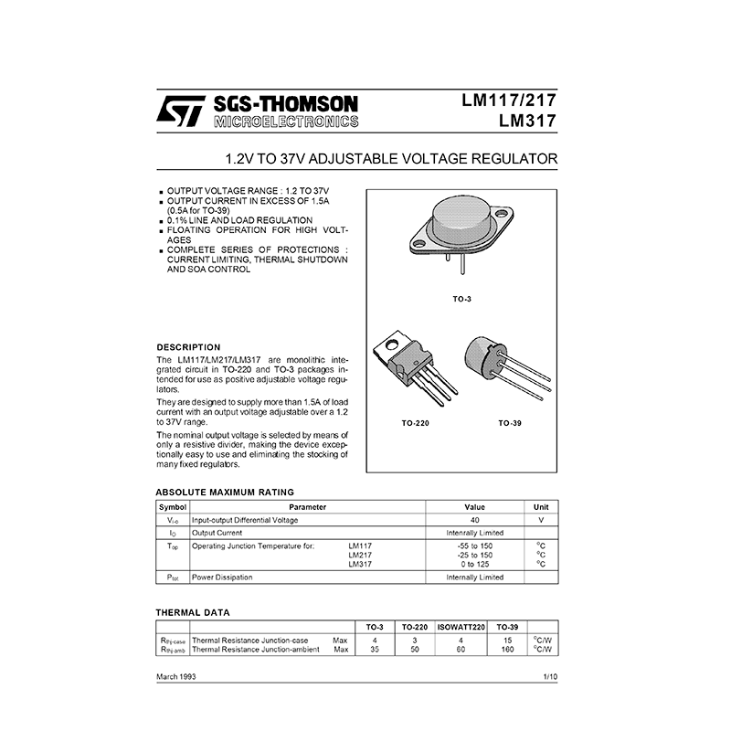 LM117 SGS-THOMSON 1.2V to 37V Adjustable Voltage Regulator Data Sheet