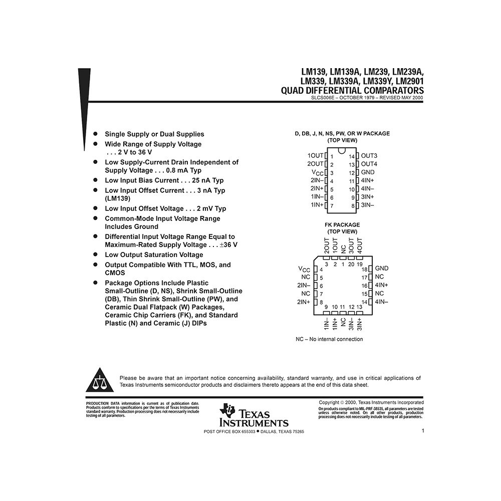 LM139 TI Quad Differential Comparator Data Sheet