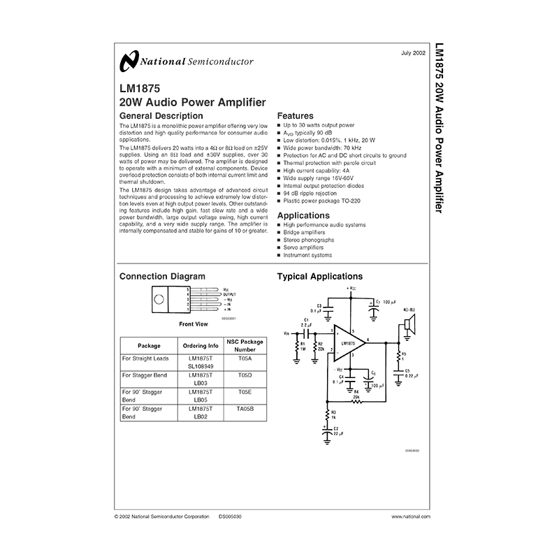 LM1875 National Semiconductor 20W Audio Power Amplifier Data Sheet