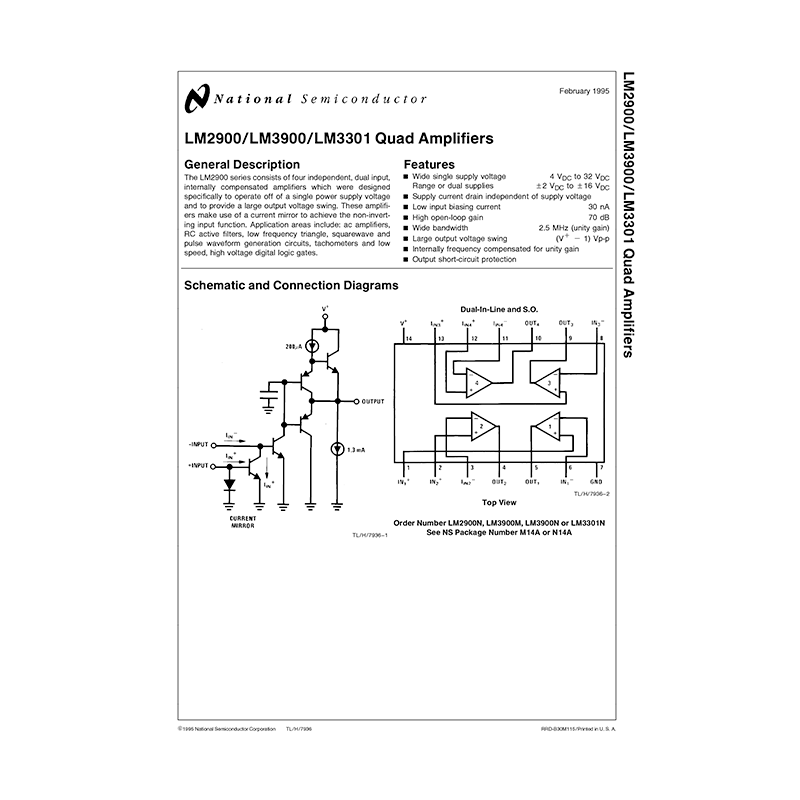 LM2900 National Semiconductor Quad Amplifier Data Sheet