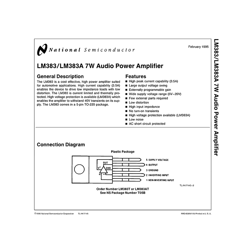 LM383 National Semiconductor 7W Audio Power Amplifier Data Sheet
