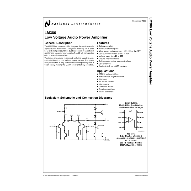 LM386 National Semiconductor Low Voltage Audio Power Amplifier Data Sheet