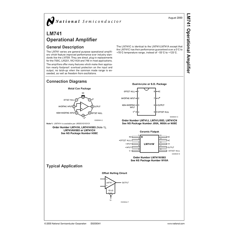 LM741 National Semiconductor Operational Amplifier Data Sheet