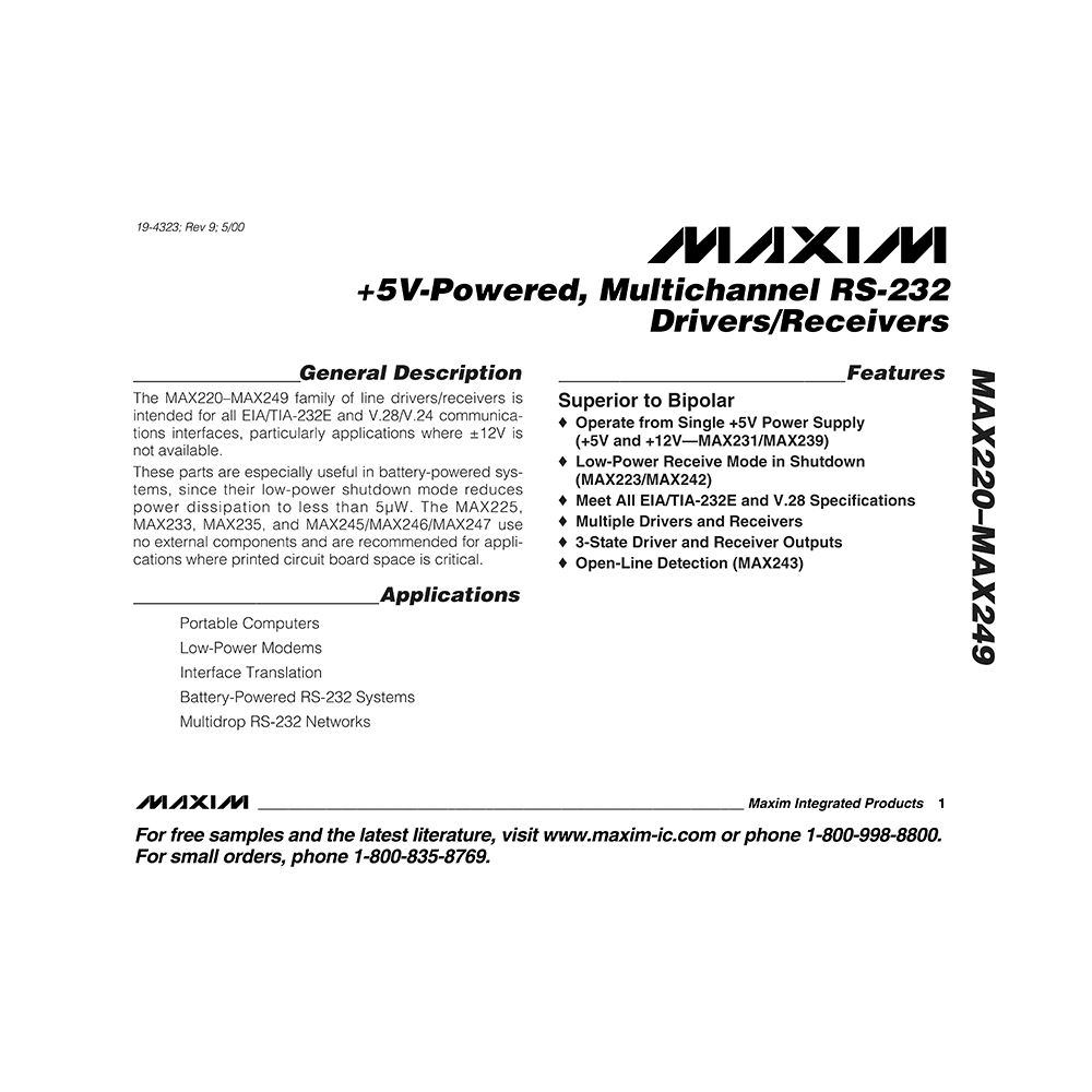 MAX220 Maxim Multichannel RS-232 Driver/Receiver Data Sheet