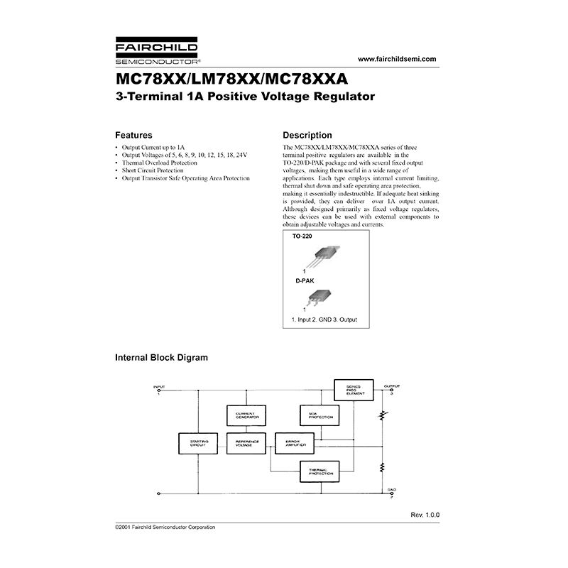 MC7805 Fairchild 3-Terminal 1A Positive Voltage Regulator Data Sheet