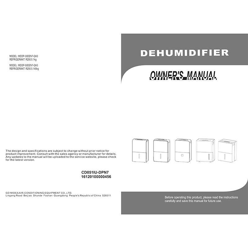 Midea MDDP-30DEN7-QA3 Dehumidifier Owner's Manual
