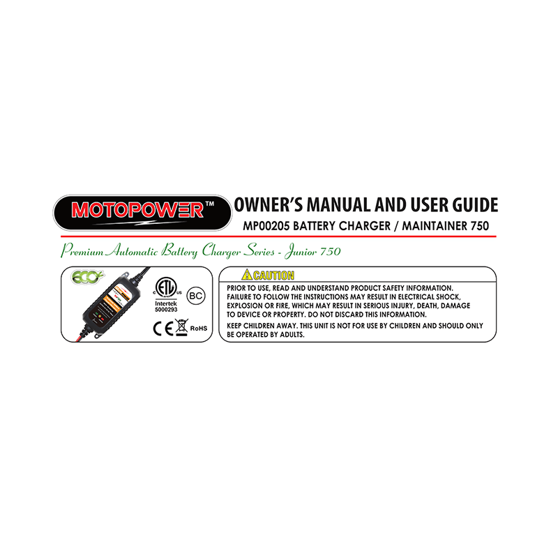 MOTOPOWER MP00205 Battery Charger Owner's Manual and User Guide