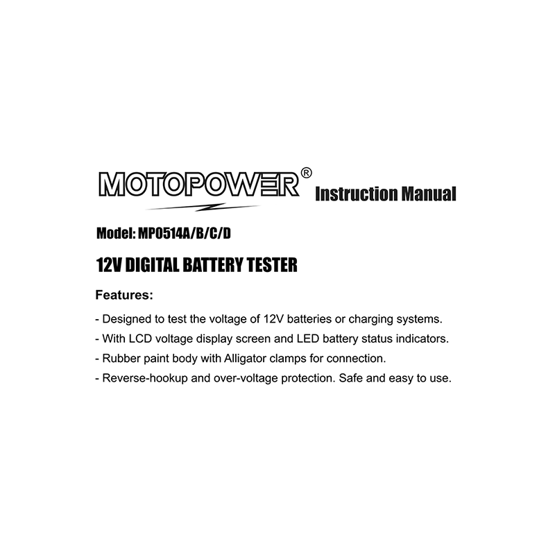 MOTOPOWER MP0514A 12V Digital Battery Tester Instruction Manual