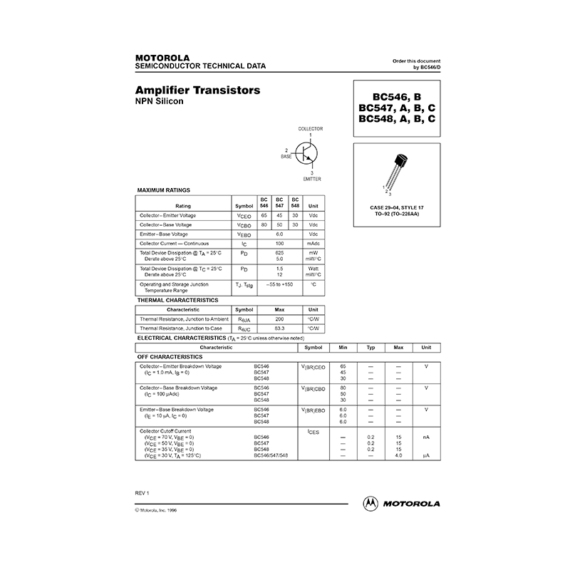 BC548C Motorola NPN Transistor Data Sheet