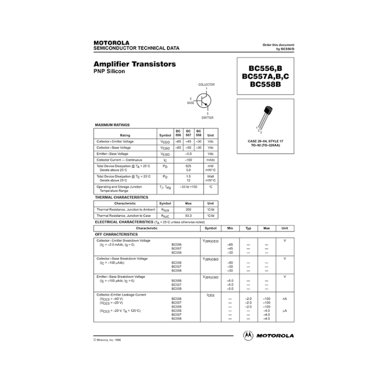 BC556B Motorola PNP Transistor Datasheet