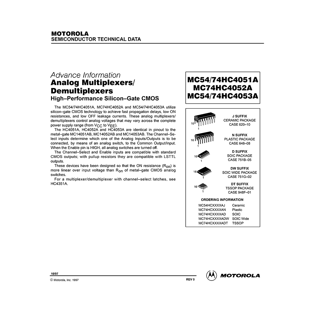 MC54HC4051A Motorola Analog Multiplexer/Demultiplexer Data Sheet