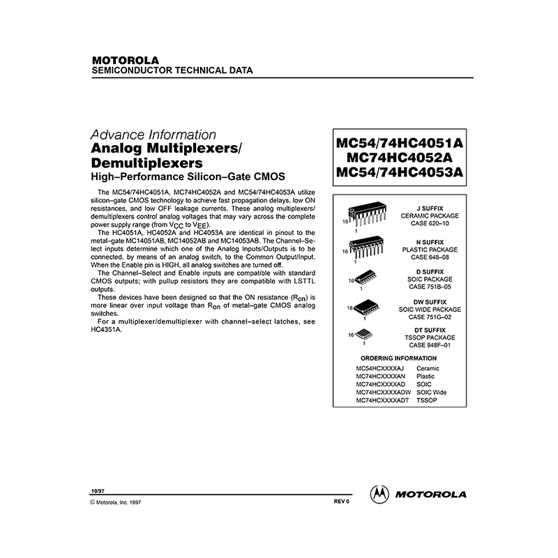 MC74HC4052A Motorola Analog Multiplexer/Demultiplexer Data Sheet