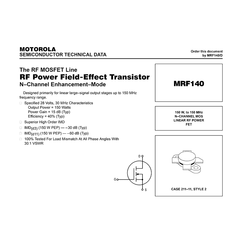 Motorola MRF140 RF Power FET Data Sheet