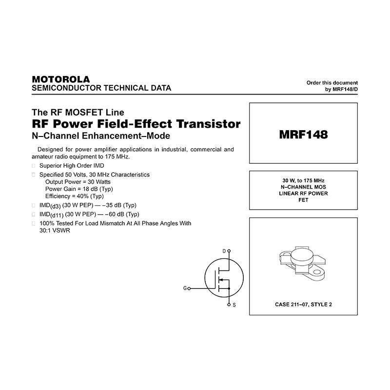 Motorola MRF148 RF Power FET Data Sheet