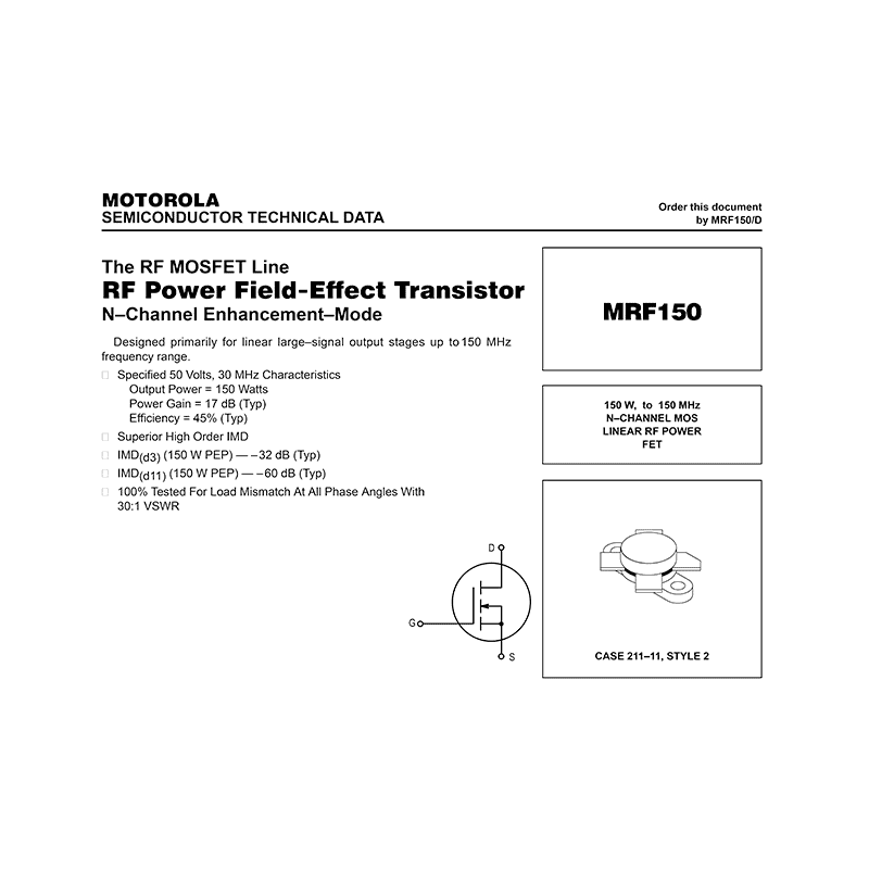 Motorola MRF150 RF Power MOSFET Data Sheet