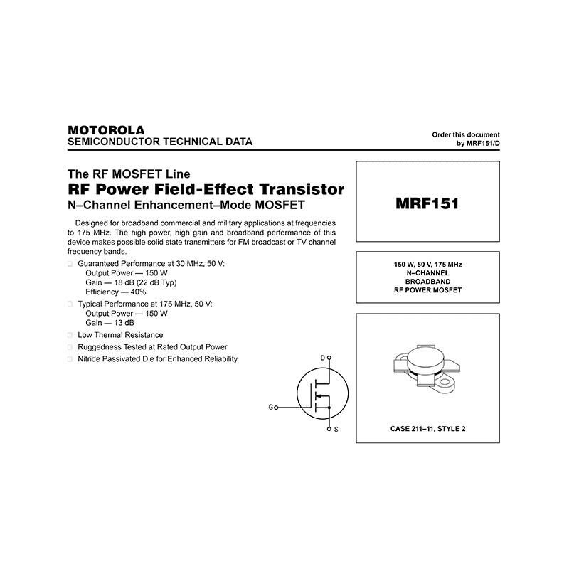 Motorola MRF151 RF Power MOSFET Data Sheet