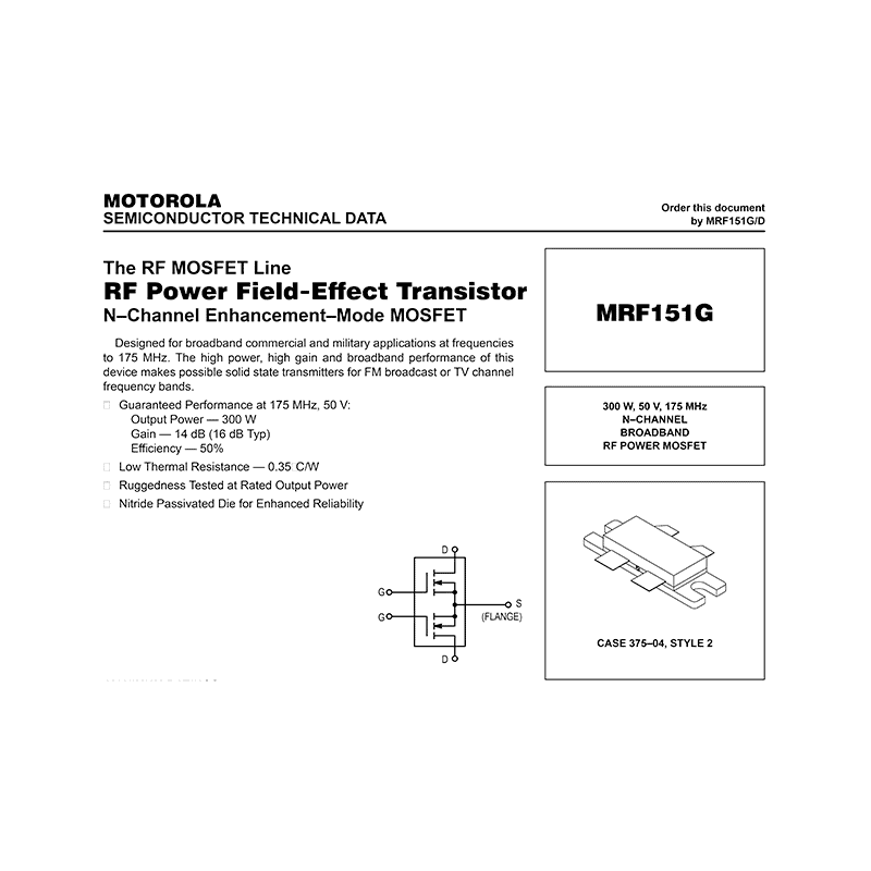Motorola MRF151G RF Power MOSFET Data Sheet