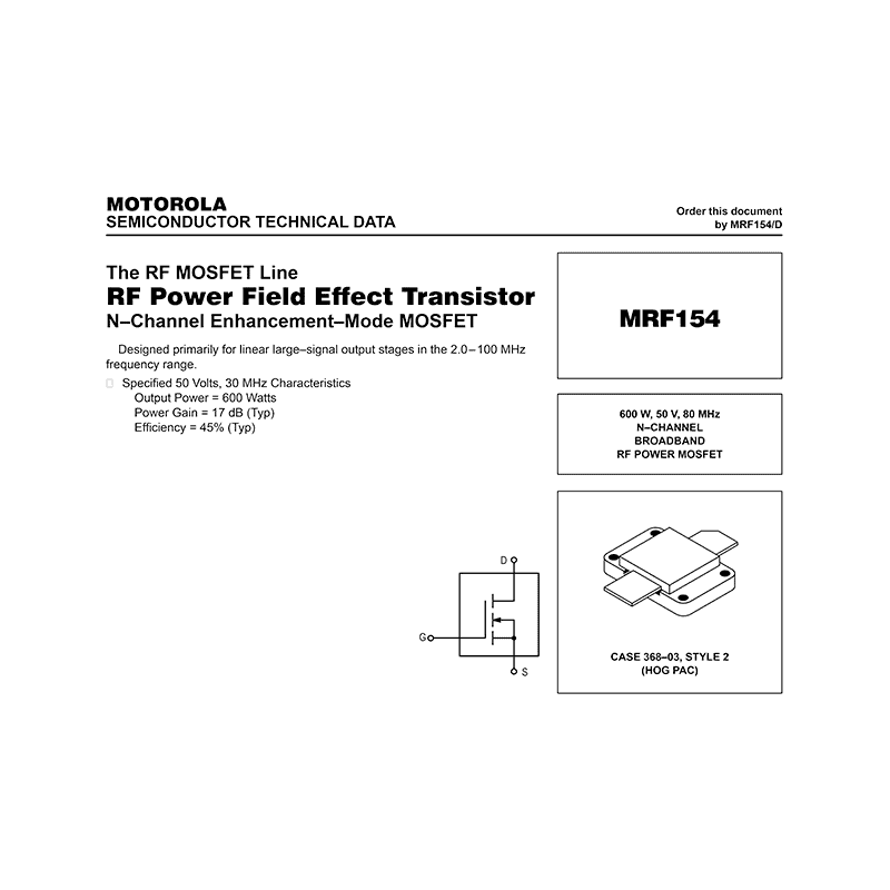 Motorola MRF154 RF Power MOSFET Data Sheet