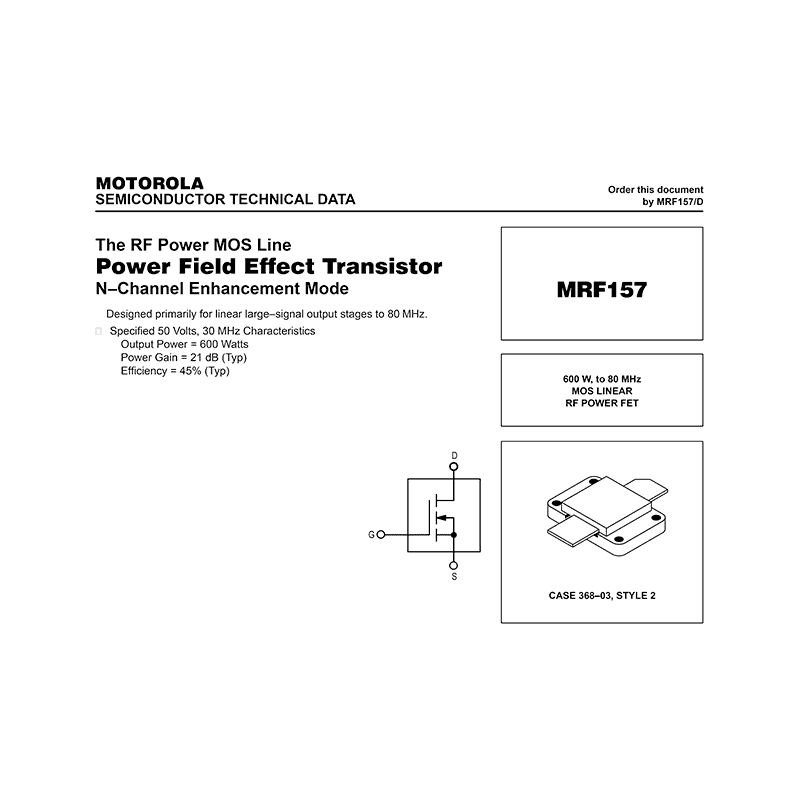 Motorola MRF157 RF Power MOSFET Data Sheet