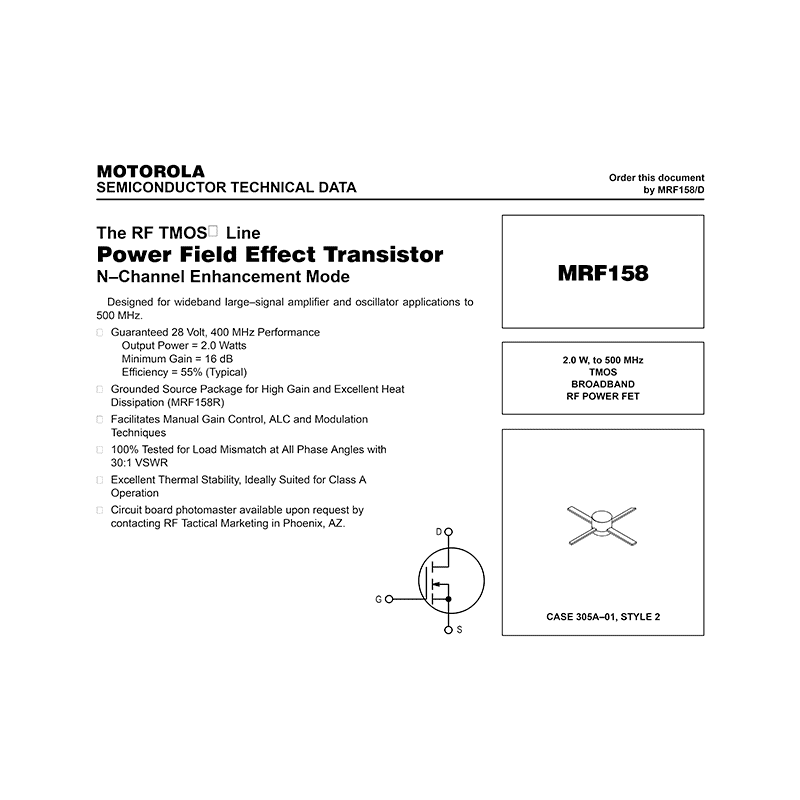Motorola MRF158 RF Power MOSFET Data Sheet
