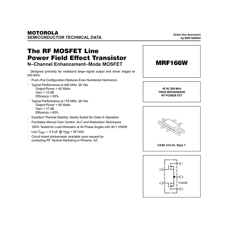 Motorola MRF166W RF Power FET Data Sheet