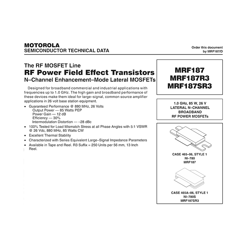 Motorola MRF187SR3 RF Power FET Data Sheet