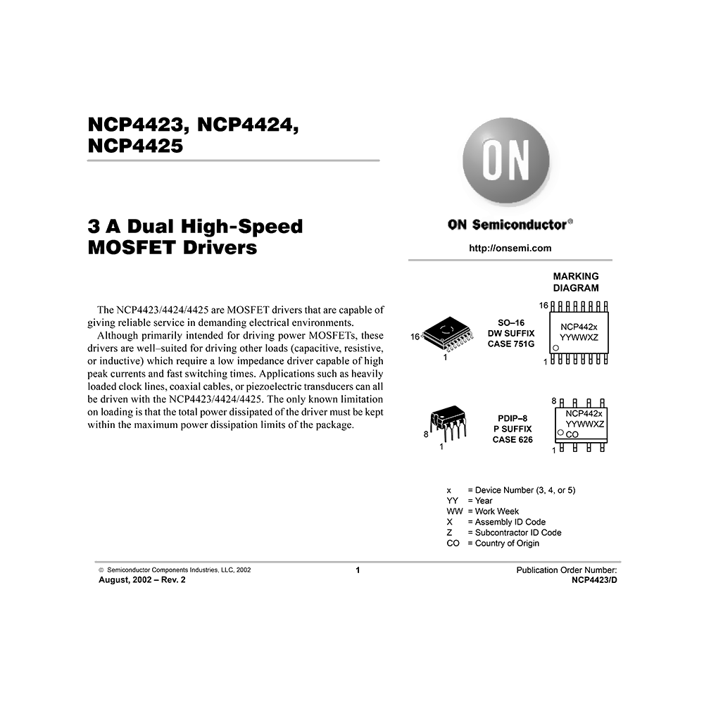 NCP4423 onsemi 3A Dual High-Speed MOSFET Driver Data Sheet