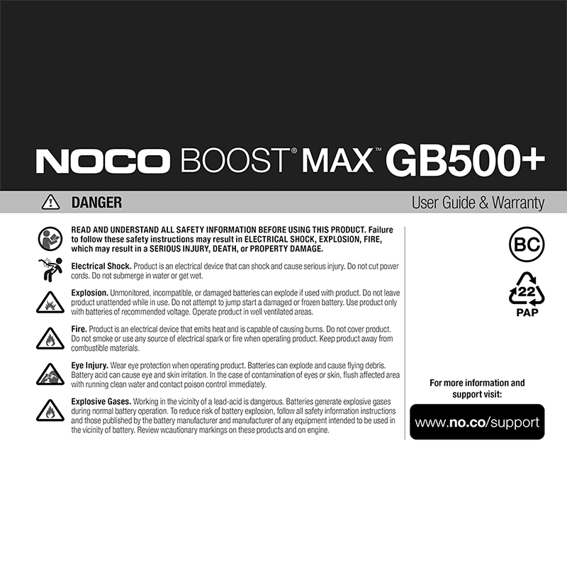 NOCO GB500+ Boost Max 6250A Lithium Jump Starter User Guide