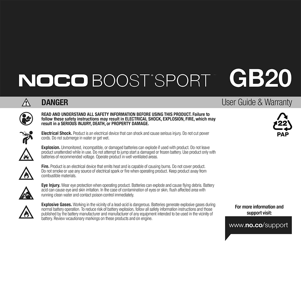 NOCO GB20 Boost Sport 500A Lithium Jump Starter User Guide