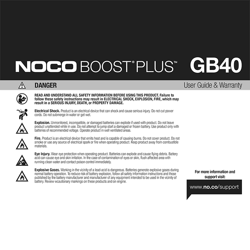 NOCO GB40 Boost Plus 1000A Lithium Jump Starter User Guide