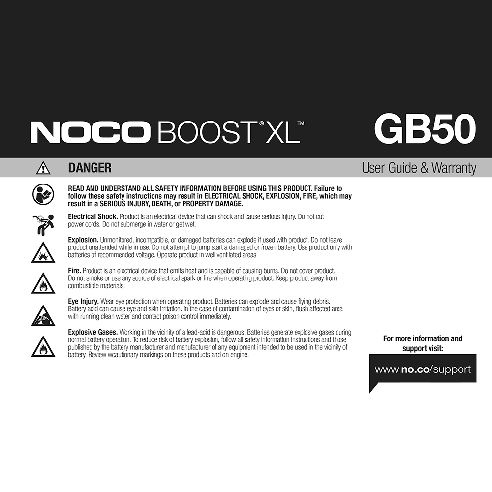 NOCO GB50 Boost XL 1500A Lithium Jump Starter User Guide