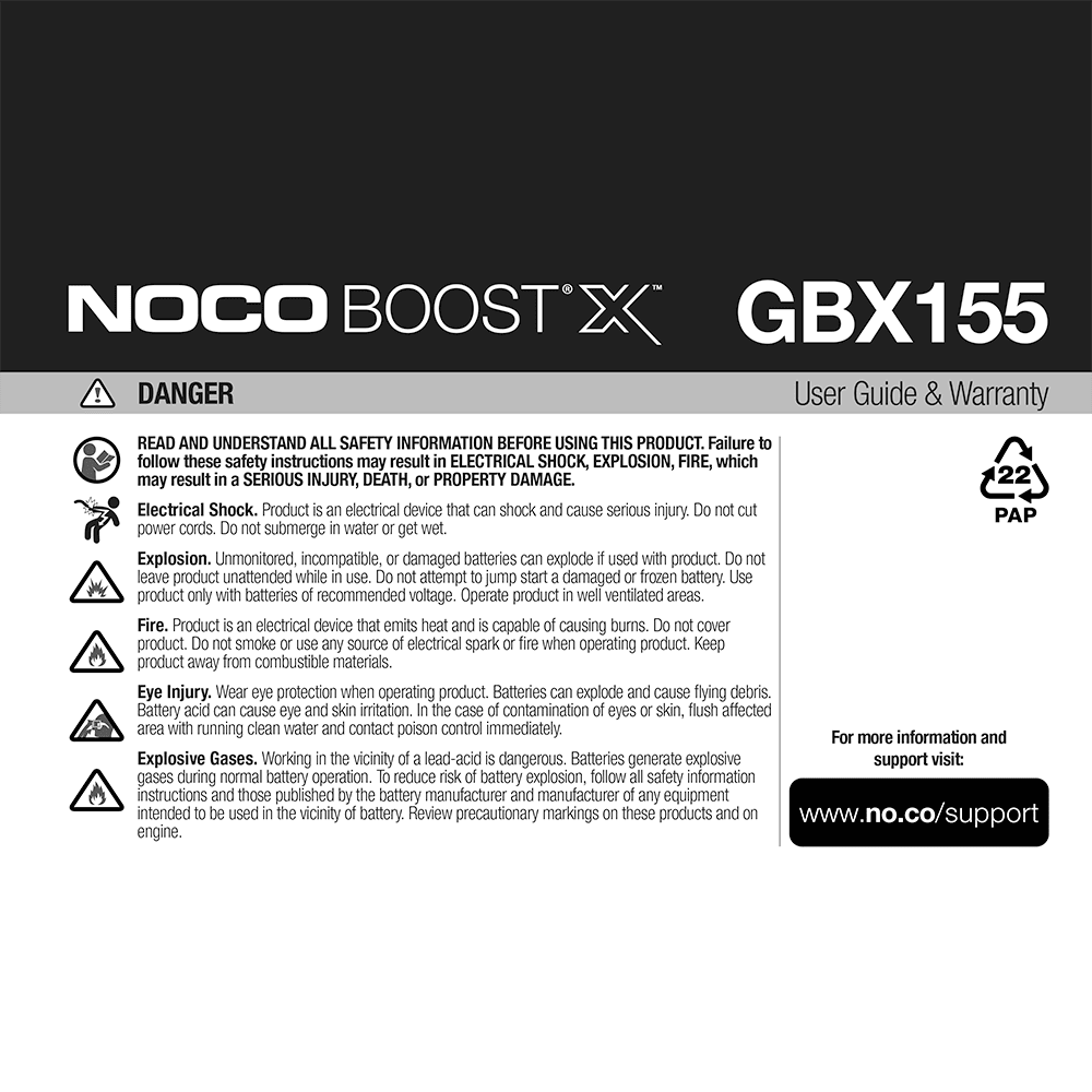 NOCO GBX155 Boost X 4250A Lithium Jump Starter User Guide