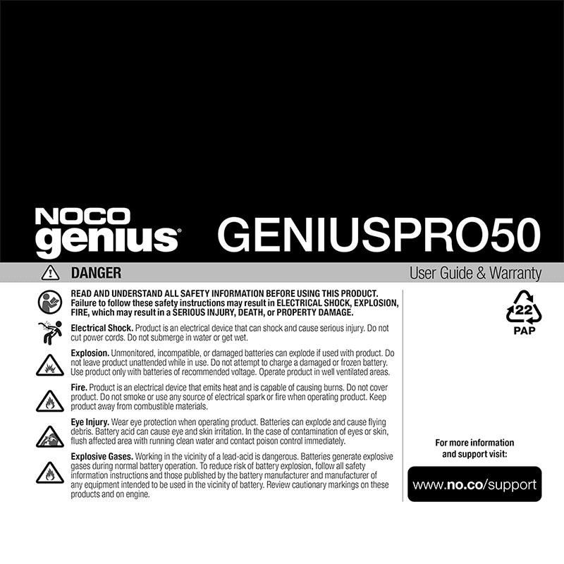 NOCO GENIUSPRO50 6V/12V/24V 50-Amp Smart Battery Charger User Guide
