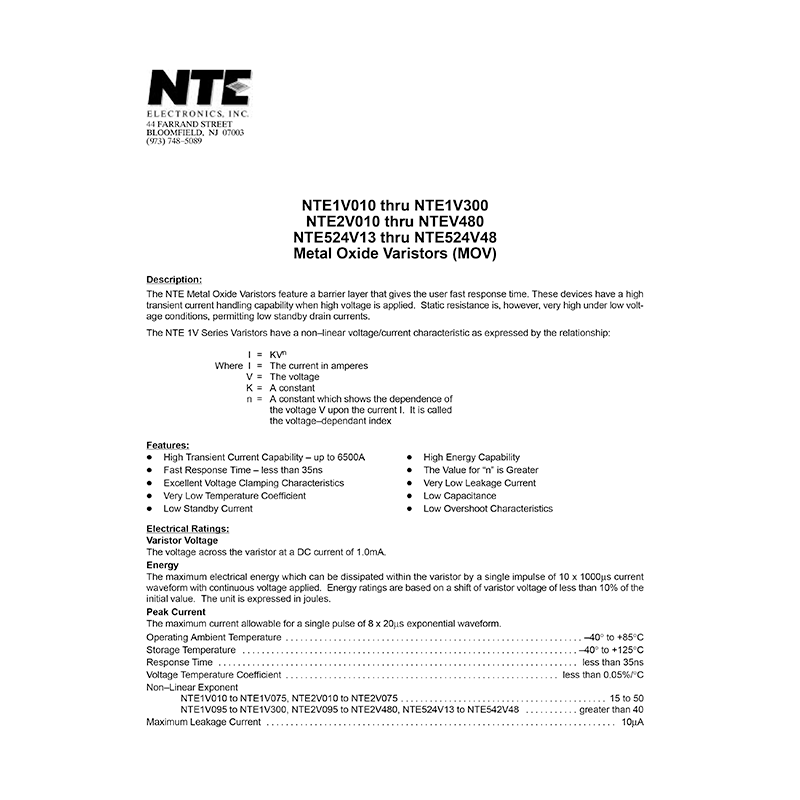 NTE1V250 Metal Oxide Varistor Data Sheet