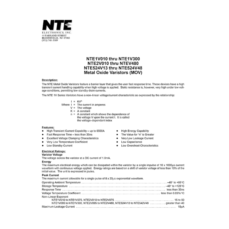 NTE2V480 Metal Oxide Varistor Datasheet