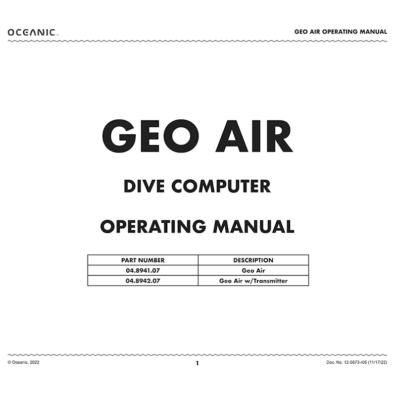 Oceanic Geo Air Dive Computer Operating Manual