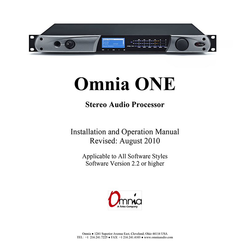 Omnia ONE Stereo Audio Processor Installation and Operation Manual (SW 2.2 or higher)