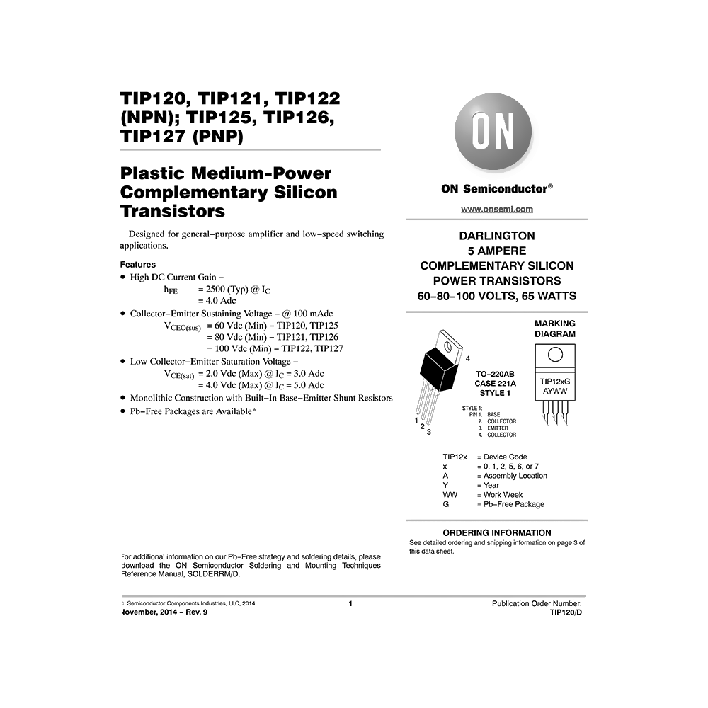 TIP122 onsemi 5A 100V NPN Darlington Transistor Data Sheet