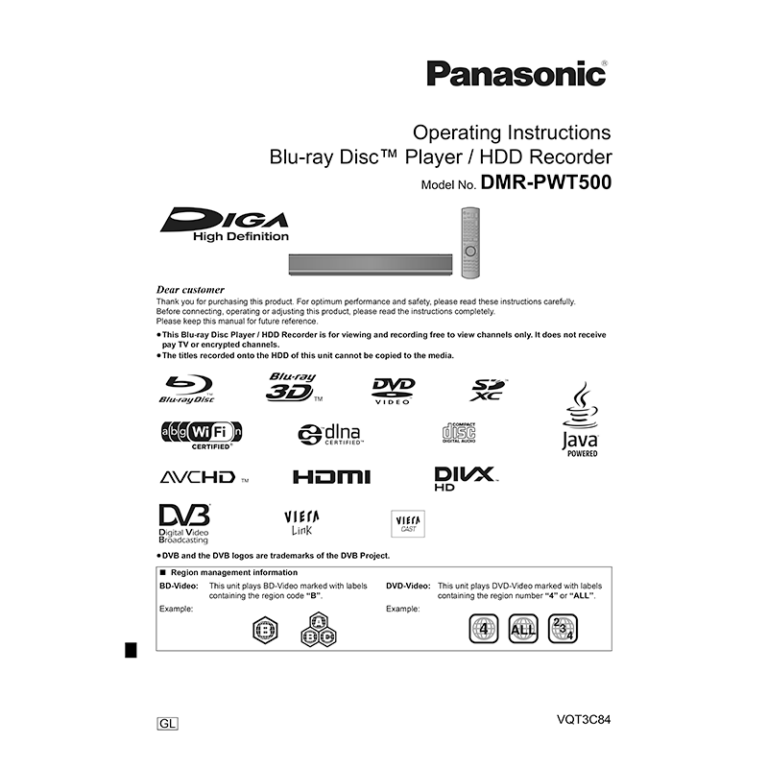 DMRPWT500 Panasonic Bluray Player/HDD Recorder User Manual