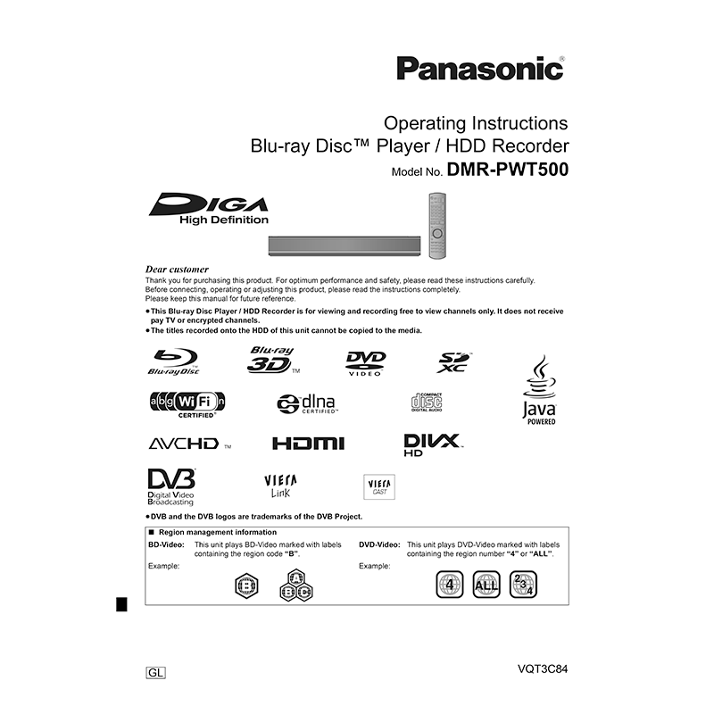 Panasonic DMR-PWT500 Blu-ray Player - HDD Recorder Operating Instructions